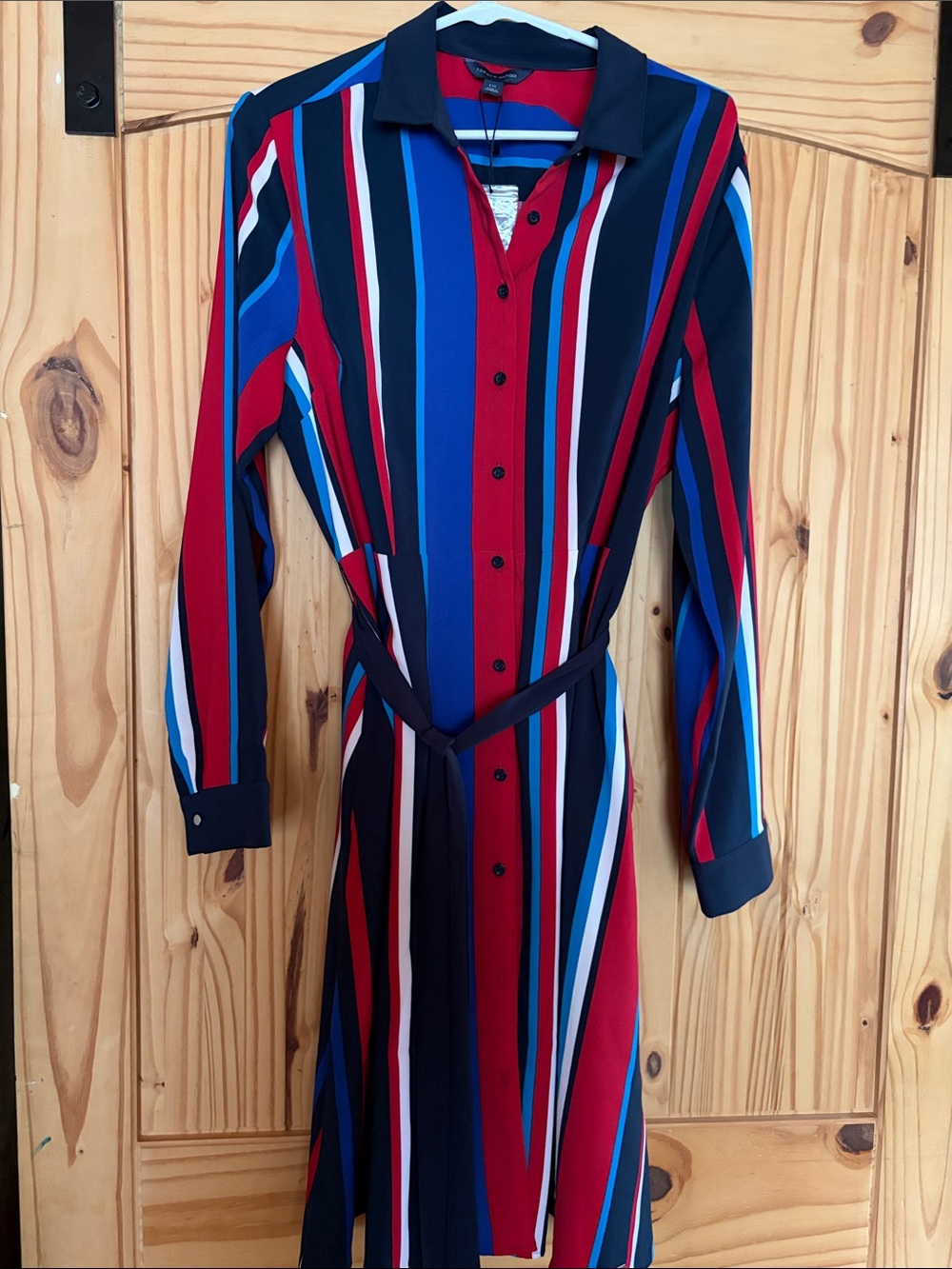 Tommy Hilfiger Red, Navy & Blue Striped Long-Sleeve Shirt Dress size large